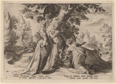 Córki Cecrops otwierają trumnę powierzoną im przez Minerwę autorstwa Workshop of Hendrick Goltzius, after Hendrick Goltzius