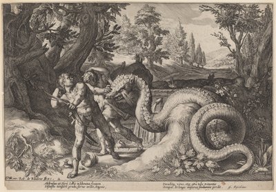 Smok pożerający towarzyszy Kadmusa autorstwa Workshop of Hendrick Goltzius, after Hendrick Goltzius