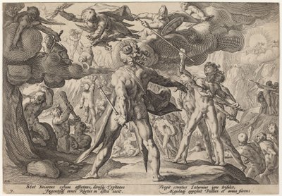 Giganci wspinają się po niebiosach autorstwa Workshop of Hendrick Goltzius, after Hendrick Goltzius
