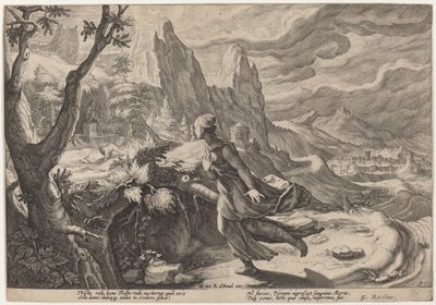 Thisbe przestraszony przez lwa autorstwa Workshop of Hendrick Goltzius, after Hendrick Goltzius