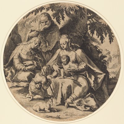 Święta Rodzina ze św. Elżbietą i św. Janem Chrzcicielem autorstwa Workshop of Jacob Matham, after Hendrik Goltzius