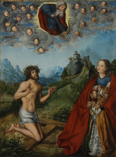 Podwójne wstawiennictwo: Chrystus i Dziewica wstawiający się za ludzkością przed Bogiem Ojcem autorstwa workshop of Lucas Cranach the Elder