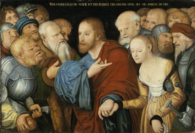 Niemiecki: Christus und die Ehebrecherin Chrystus i kobieta cudzołożna autorstwa workshop of Lucas Cranach the Elder