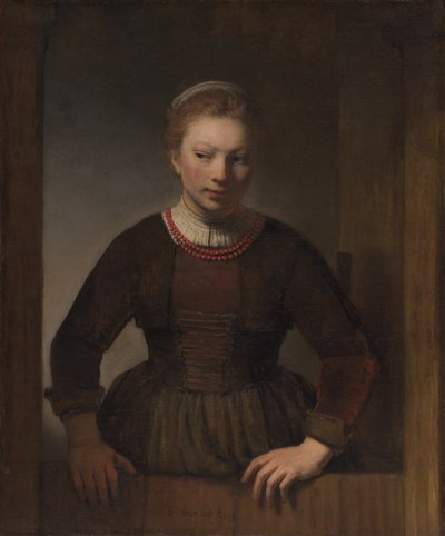 Młoda kobieta przy otwartych półdrzwiach autorstwa Workshop of Rembrandt van Rijn