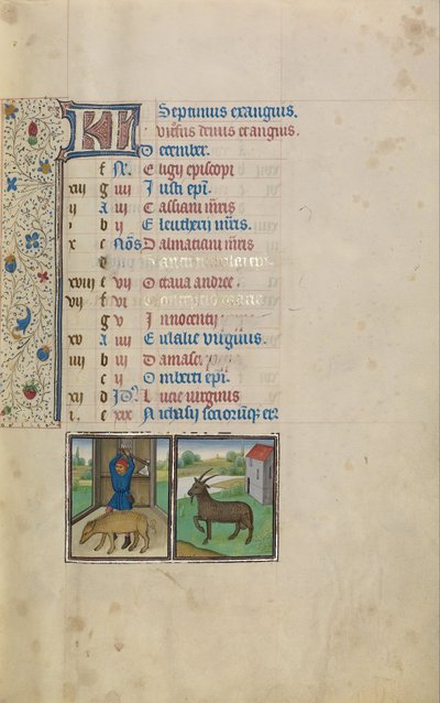 Mężczyzna zabija świnię; Znak zodiaku Koziorożca autorstwa Workshop of Willem Vrelant