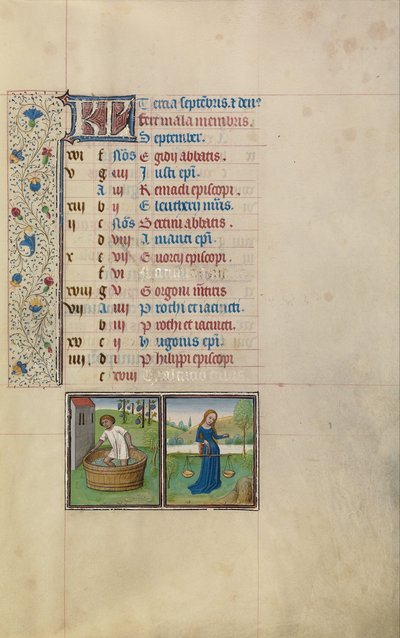 Mężczyzna kroczący winogrona; Znak zodiaku Wagi autorstwa Workshop of Willem Vrelant