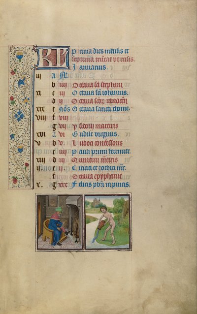 Człowiek ogrzewający się przy ogniu; Znak zodiaku Wodnika autorstwa Workshop of Willem Vrelant