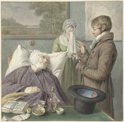 Lekarz odwiedza chorą staruszkę w łóżku autorstwa Wybrand Hendriks (attributed to)