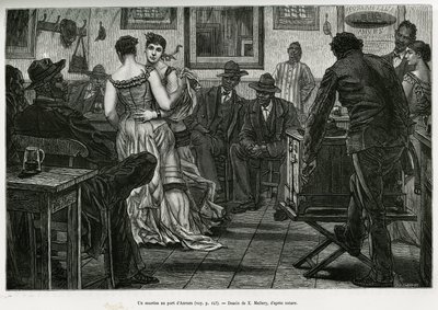 Musico w porcie w Antwerpii, gdzie żeglarze mogą pić i tańczyć przy dźwiękach kłujących organów. Grawer X.Mellery, ilustrujący historię Belgii, autorstwa Camille Lemonnier, opublikowany w Tour du monde pod redakcją Edouarda Chartona (1807-1890) autorstwa Xavier Mellery