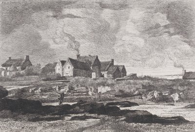 Wiejski krajobraz z rzeką płynącą z prawej strony i domami w tle, 1845-75. autorstwa Xavier de Dananche