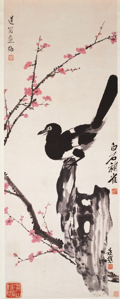 Kwiaty śliwy i sroka (tusz i kolor na papierze) autorstwa Xiao Sun (1883 1944) Zhou Shaoxiang (1880 1954) Qi Baishi