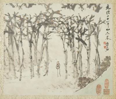 Pejzaż z postacią, z albumu pejzaży i kaligrafii dla Liu Songfu, 1895-96 autorstwa Xugu