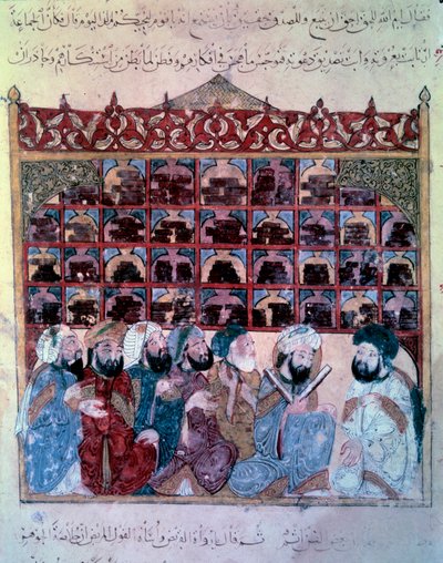 Wędrujący Nawigator Abu Zayd (Abu Zayd, Abu Zayd) wygłasza przemówienie Abu Mohammeda al-Kasima ibn Ali Hariri (1054-1122) w Bibliotece Miniatur Basra z Maqamat (Seans) Yahya Mahmuda al-Wasiti (al Wasit autorstwa Yahya ibn Mahmud Al Wasiti