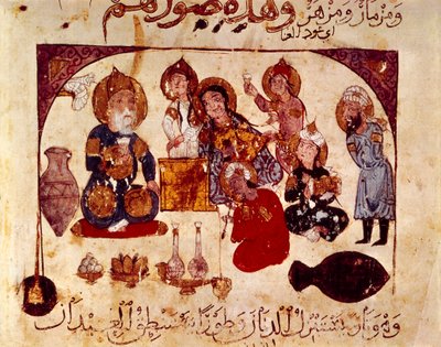 Abou-Zayd w tawernie Hanah, miniatura z „Maqamat” (Przysłowia), ms. 3929, fol. 34v autorstwa Yahya ibn Mahmud Al Wasiti