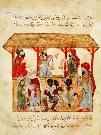 Pani Ar 5847 f.105, Targ niewolników, z „Al Maqamat” autorstwa Yahya ibn Mahmud Al Wasiti