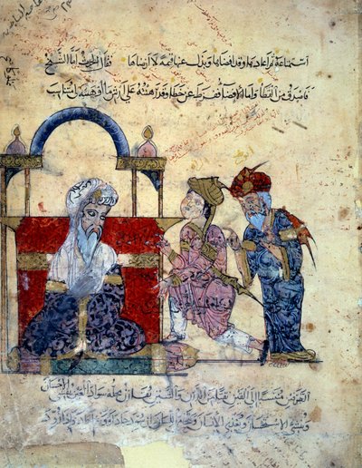 Włóczęga Abu-Zayd (Abu Zayd, Abu Zayd) i jego siostra oskarżają się przed miniaturowym cadi z „Maqamat” (Seansy) Abu Mohammeda al-Kasima ibn Ali Hariri (albo Al-Hariri lub Al Hariri) (1054-1122) oświecony przez Yahyę Mahmuda al-Was autorstwa Yahya ibn Mahmud Al Wasiti