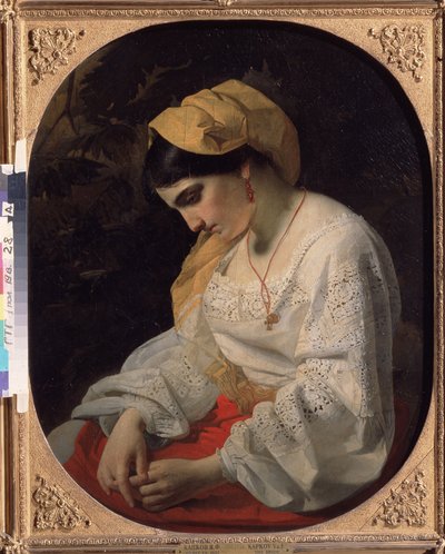 Młoda panna młoda (Oblubienica). Portret profil smutnej młodej kobiety o zrezygnowanym wyrazie. Obraz Jakowa Fiodorowicza Kapkowa (1816-1854), olej na płótnie autorstwa Yakov Fyodorovich Kapkov
