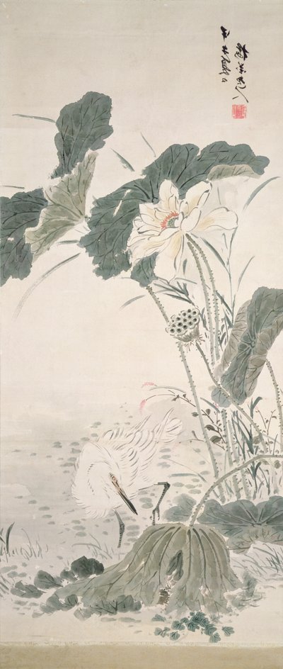 Czapla i lotos, b.d. autorstwa Yamamoto Baiitsu