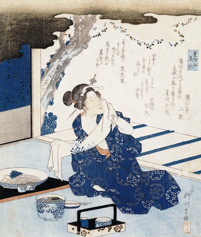 Kurtyzana w yukacie (niebiesko-białe bawełniane kimono), panel ścienny ozdobiony wierszem autorstwa Yanagawa II Shigenobu