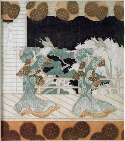 Tancerze w strojach ludowych na scenie Japońska grafika „Surimono” Yashimy Gakutei (1786-1868) 1822 Kolekcja prywatna autorstwa Yashima Gakutei