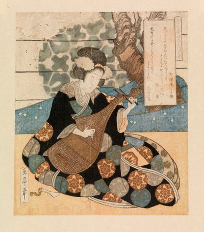 Dama grająca na instrumencie, ok. 1804-40 (drzeworyt kolorowy) autorstwa Yashima Gakutei