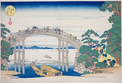 Kamienny most nad rzeką Aji w pobliżu wzgórza Nii, Osaka (Osaka Ajigawa Niiyama ishibashi), z cyklu „Słynne miejsca w Osace: piękne widoki na górę Tenpo (Naniwa meisho Tenpozan shokei ichiran)” autorstwa Yashima Gakutei