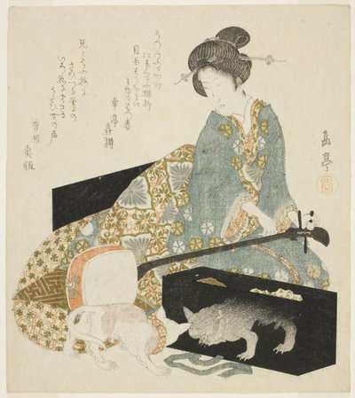 Kobieta z Shamisenem i Cat autorstwa Yashima Gakutei