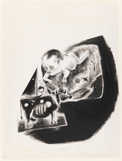Dziecko i zabawkowa krowa autorstwa Yasuo Kuniyoshi