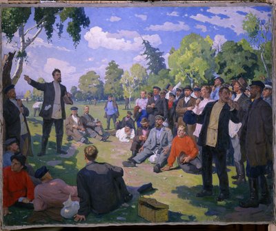 Dia do Trabalho 1º em 1891 (dia de maio em 1891). Dia de descanso e reunião de trabalhadores em um parque ensolarado. Pintura de Yefim Mikhailovich Tcheptsov (1875-1950), óleo sobre tela 1935. Arte soviética do século XX. Museu Estatal Russo, St. Polish autorstwa Yefim Mikhailovich Tcheptsov