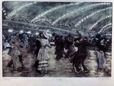 Tango a Luna Park (Taniec Tango w Luna Park). Pary tancerzy na szerokiej podłodze, oświetlone od sufitu girlandami światła. Grafika autorstwa Yelisaveta (Elisabeth) Sergeyevna Krouglikova (Elizaveta Sergeevna Krouglikova) (1865-1941), grawerowanie ( autorstwa Yelisaveta Sergeyevna Kruglikova