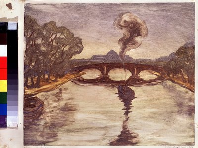 Łódź na Sekwanie. (Łódź na Sekwanie). Peinture de Yelisaveta (Elisabeth) Sergeyevna Kruglikova (Elizaveta Sergeevna Krouglikova) (1865-1941), estampe (monotypia) autorstwa Yelisaveta Sergeyevna Kruglikova