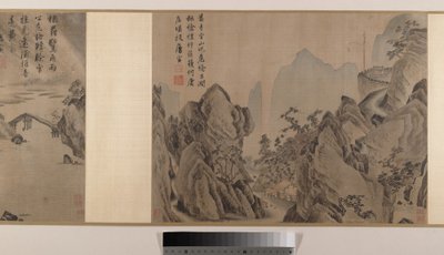 Krajobrazy (osiem liści albumu zamontowanych jako zwój; tusz i kolor na jedwabiu) autorstwa Yin Tang