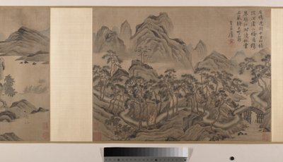Krajobrazy (osiem liści albumu zamontowanych jako zwój; tusz i kolor na jedwabiu) autorstwa Yin Tang