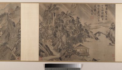 Krajobrazy (osiem liści albumu zamontowanych jako zwój; tusz i kolor na jedwabiu) autorstwa Yin Tang