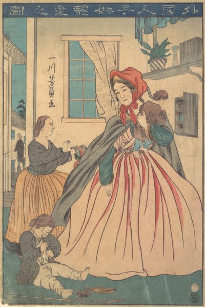 Cudzoziemka ciesząca się dziećmi, 1860 10. miesiąc. autorstwa Yoshikazu