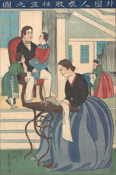 Zagraniczna rodzina z żoną szyjącą ubrania, 1860. autorstwa Yoshikazu