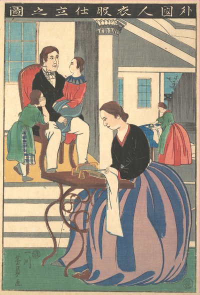 Obraz cudzoziemca szyjącego ubrania, 1860. autorstwa Yoshikazu