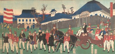 Obraz procesji cudzoziemców w Jokohamie, 2. miesiąc, 1861. autorstwa Yoshikazu