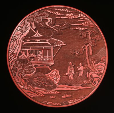 Okrągłe rzeźbione pudełko i pokrywa cynobru (lakierowane drewno) (patrz również 272180 i 272181) autorstwa Yuan Dynasty Chinese School