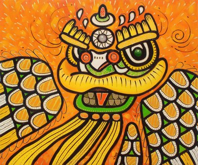 Żółty taniec lwa, 2022 (olej na płótnie) autorstwa Yue Zeng