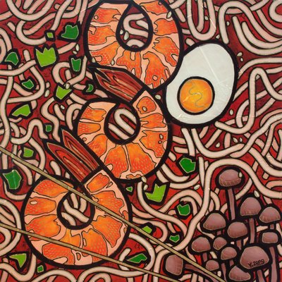 Ramen noodle Shrimp, 2023 (technika mieszana na płycie drewnianej) autorstwa Yue Zeng