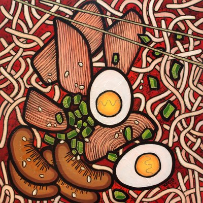 Kurczak z makaronem ramen, 2023 (technika mieszana na płycie drewnianej) autorstwa Yue Zeng