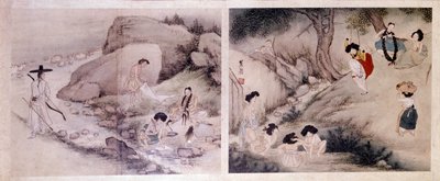 Art coreen: kobiety piorące i ubierające się oraz kobiety robiące toalety i zabawiające się. Ryciny Sin Yun Bok (lub Hyewon) (ur. 1758). Kolekcja Hyung Pil Chun autorstwa Yun bok Sin