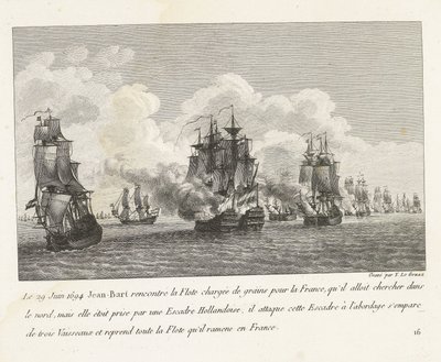 Jan Bart herovert graanschepen op een Hollands eskader, 1694 29 czerwca 1694 Jean-Bart spotkał flotę załadowaną zbożem dla Francji (...) i przejął całą flotę, którą przywiózł do Francji (tytuł na obiekcie) Zbiór walk Jean-Bart, szefa E autorstwa Yves Marie Le Gouaz