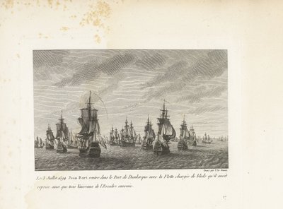 Jan Bart vaart Duinkerke binnen met de heroverde graanschepen, 1694 3 lipca 1694 r. Jean-Bart powraca do portu w Dunkierce z przejętą przez siebie flotą załadowaną bledami, a także trzema okrętami wrogiej eskadry (tytuł na obiekcie) Kolekcja autorstwa Yves Marie Le Gouaz
