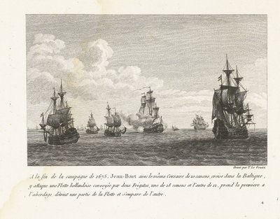 Jan Bart valt Hollandse schepen in de Baltische zee aan, 1675 Pod koniec kampanii 1675 r. Jean-Bart tym samym korsarzem z 10 działami, rejsy po Bałtyku, atakuje tam flotę holenderską (...) (tytuł na obiekcie) Kolekcja walk Jean-Bara autorstwa Yves Marie Le Gouaz