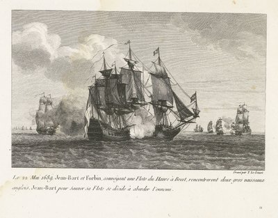 Jan Bart valt twee Engelse schepen aan, 1689 22 maja 1689 Jean-Bart i Forbin, przewożąc flotę z Le Havre do Brestu, napotkali dwa duże angielskie statki, Jean-Bart, aby uratować swoją flotę, postanawia zbliżyć się do wroga (tytuł na obiekcie) Kolekcja c autorstwa Yves Marie Le Gouaz