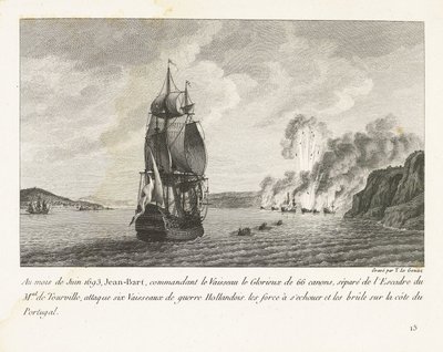 Jan Bart valt zes Hollandse schepen aan voor de kust van Portugal, 1693 W czerwcu 1693 Jean-Bart dowodzący Vaisseau le Glorieux z 66 działami (...) zaatakował sześć holenderskich okrętów wojennych (...) na wybrzeżu Portugalii (tytuł na obiekcie) Rec autorstwa Yves Marie Le Gouaz
