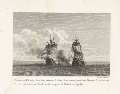 Jan Bart verovert een Hollands fregat, 1677 W maju 1677 Jean-Bart wsiadł na 18-działową Palme, wziął 24-działową fregatę i szesnaście statków handlowych, które konwojował z Holandii do Anglii (tytuł na obiekcie) Kolekcja walk Jei autorstwa Yves Marie Le Gouaz
