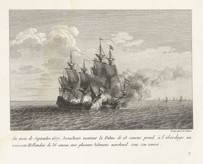 Jan Bart verovert een Hollands fregat, 1677 We wrześniu 1677 Jean-Bart wsiadł na 18-działowy Palme na pokład 36-działowego holenderskiego statku, z kilkoma statkami handlowymi pod swoim konwojem (tytuł na obiekcie) zbiór walk autorstwa Yves Marie Le Gouaz